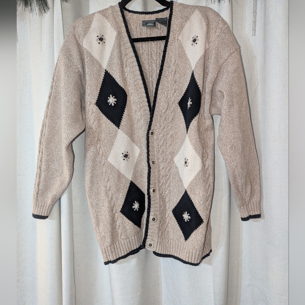 Lizwear Cotton Argyle Knit Cardigan Sweater